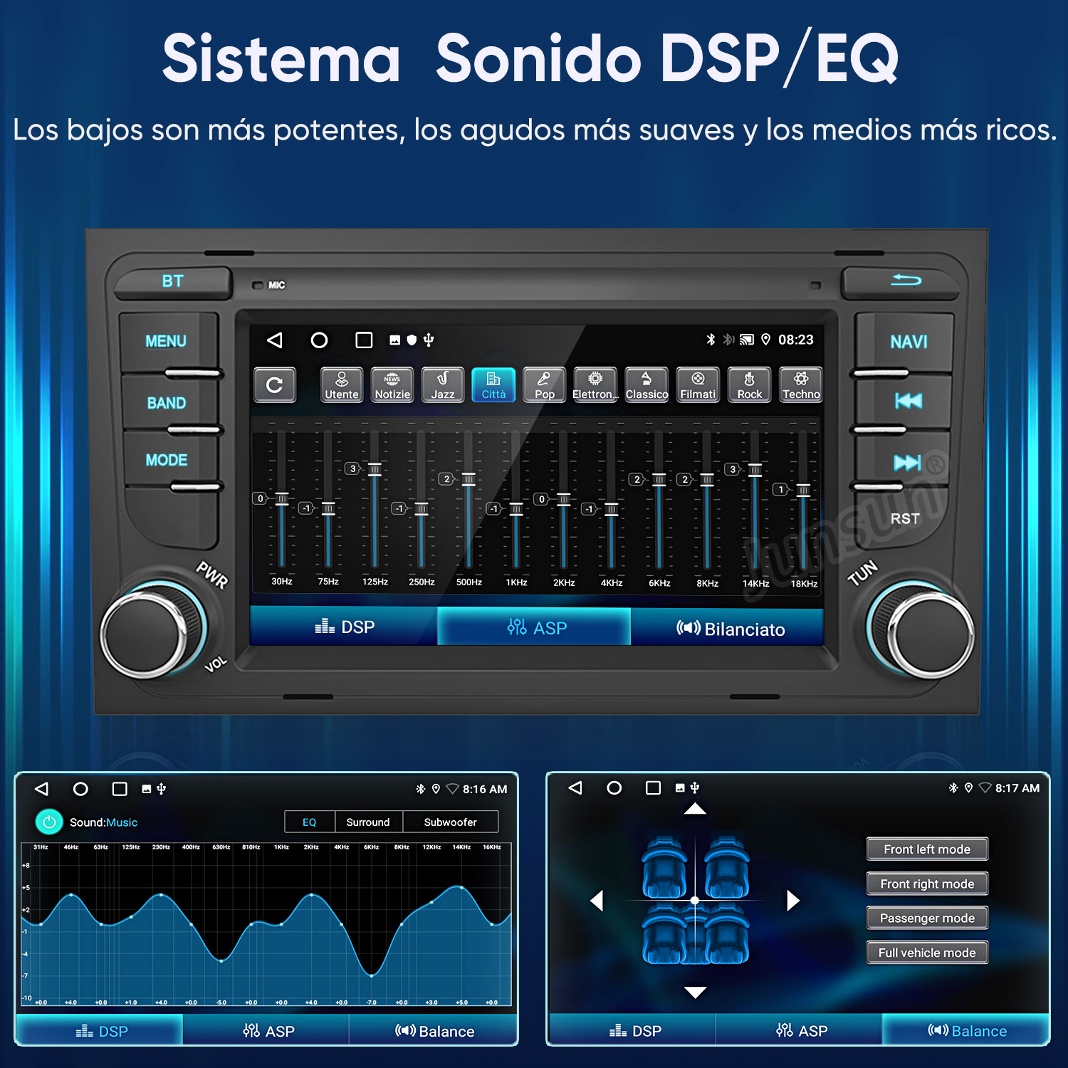 Sistema de infoentretenimiento para coche con DSP/EQ y ecualizador.