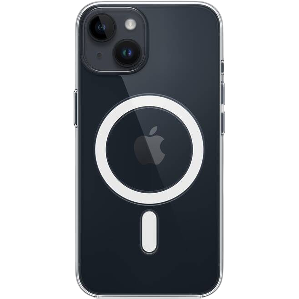 Transparente Hülle für iPhone mit Kameras und Apple-Logo.