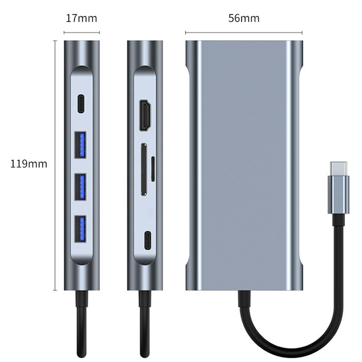 Grauer USB-C-Hub mit drei USB-Ports, HDMI, SD-Kartenleser und Ladeanschluss.