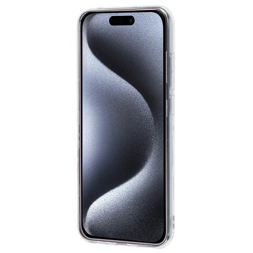 Ein transparentes Handyhülle umschließt ein Smartphone mit dunklem, wellenförmigem Muster.