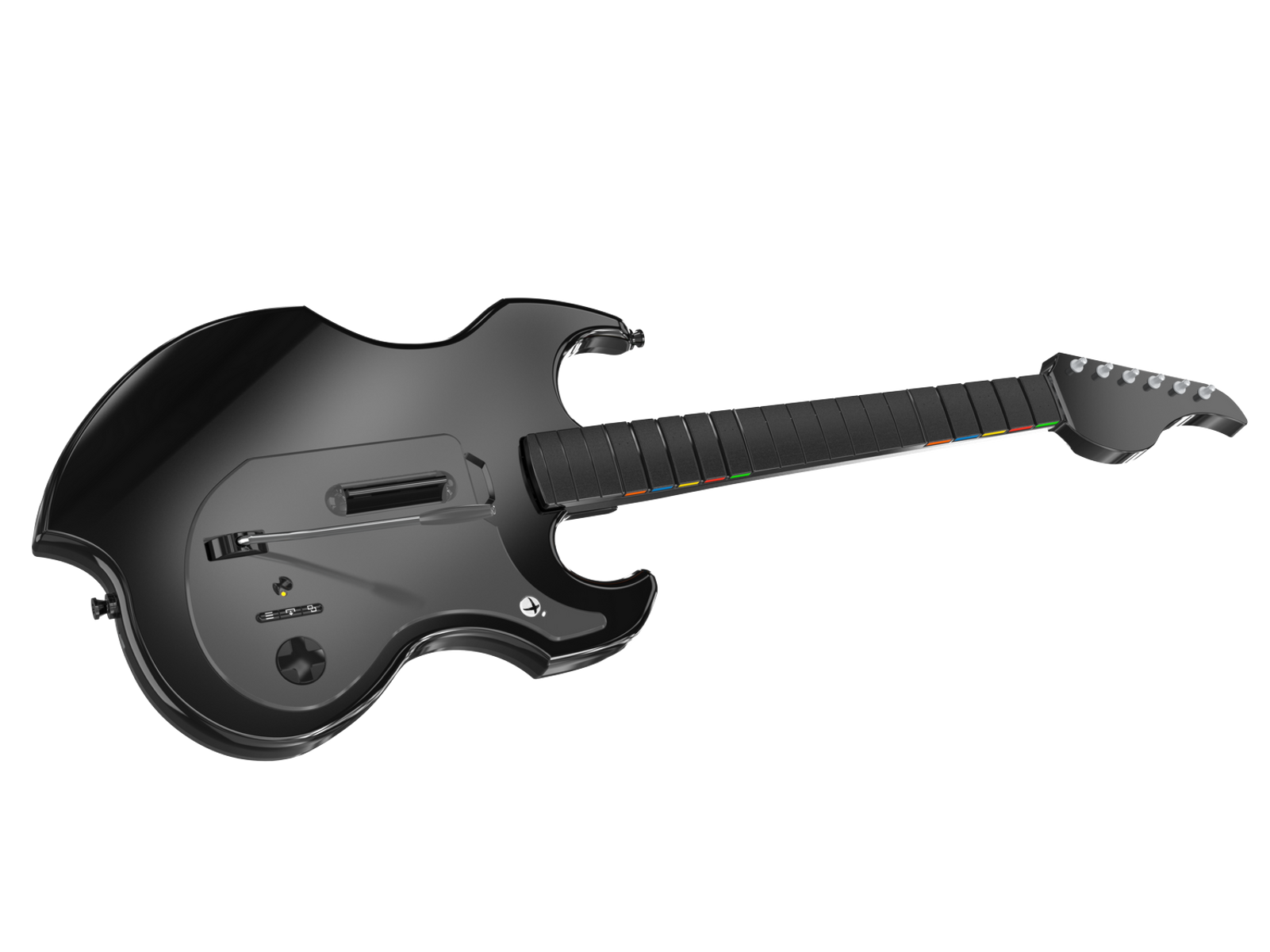 Czarna gitara z kolorowymi przyciskami na gryfie na czarnym tle.