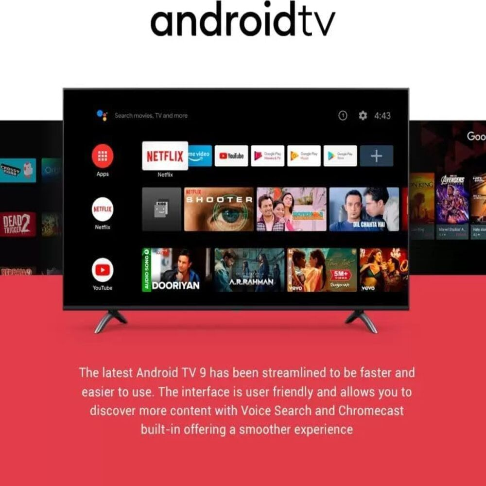 Android TV mit Apps wie Netflix und YouTube. Filme und Serien werden angezeigt.