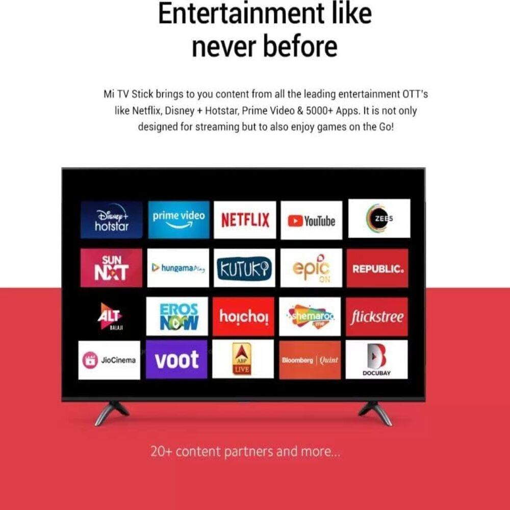 Ein Fernsehbildschirm zeigt App-Logos: Disney+, Prime Video, Netflix, YouTube, ZEE5, Sun NXT, Hungama, Kutuk, Epic, Republic.