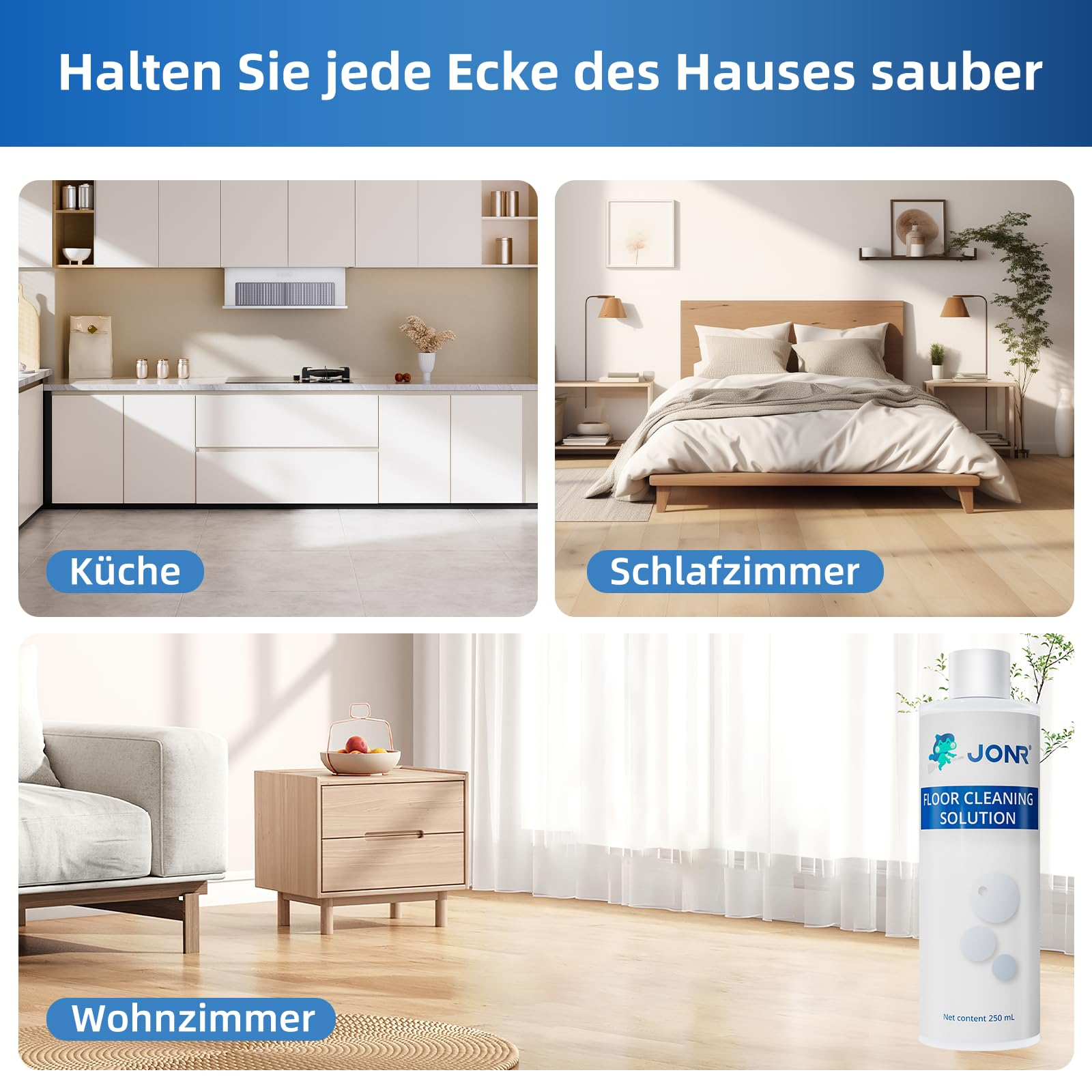 Moderne Küche, Schlafzimmer, Wohnzimmer und Reinigungsmittelflasche.
