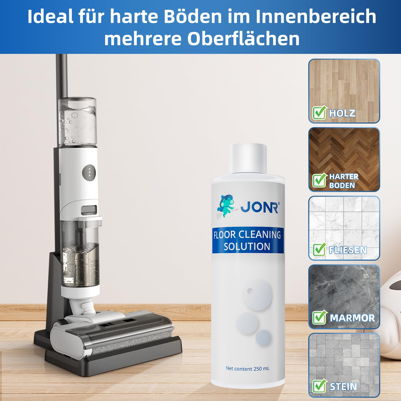 Bodenreiniger-Lösung mit einem Gerät und Bodenproben: Holz, Fliesen, Marmor.