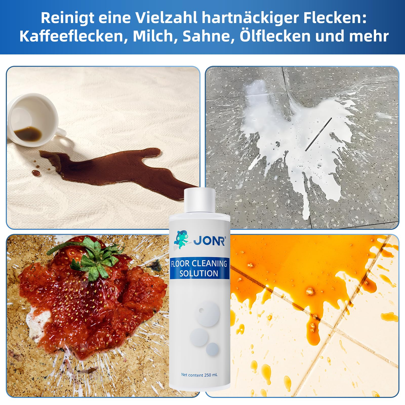 Verschüttete Flecken auf Stoff, Fliesen und Stein. Reinigungsmittelflasche.