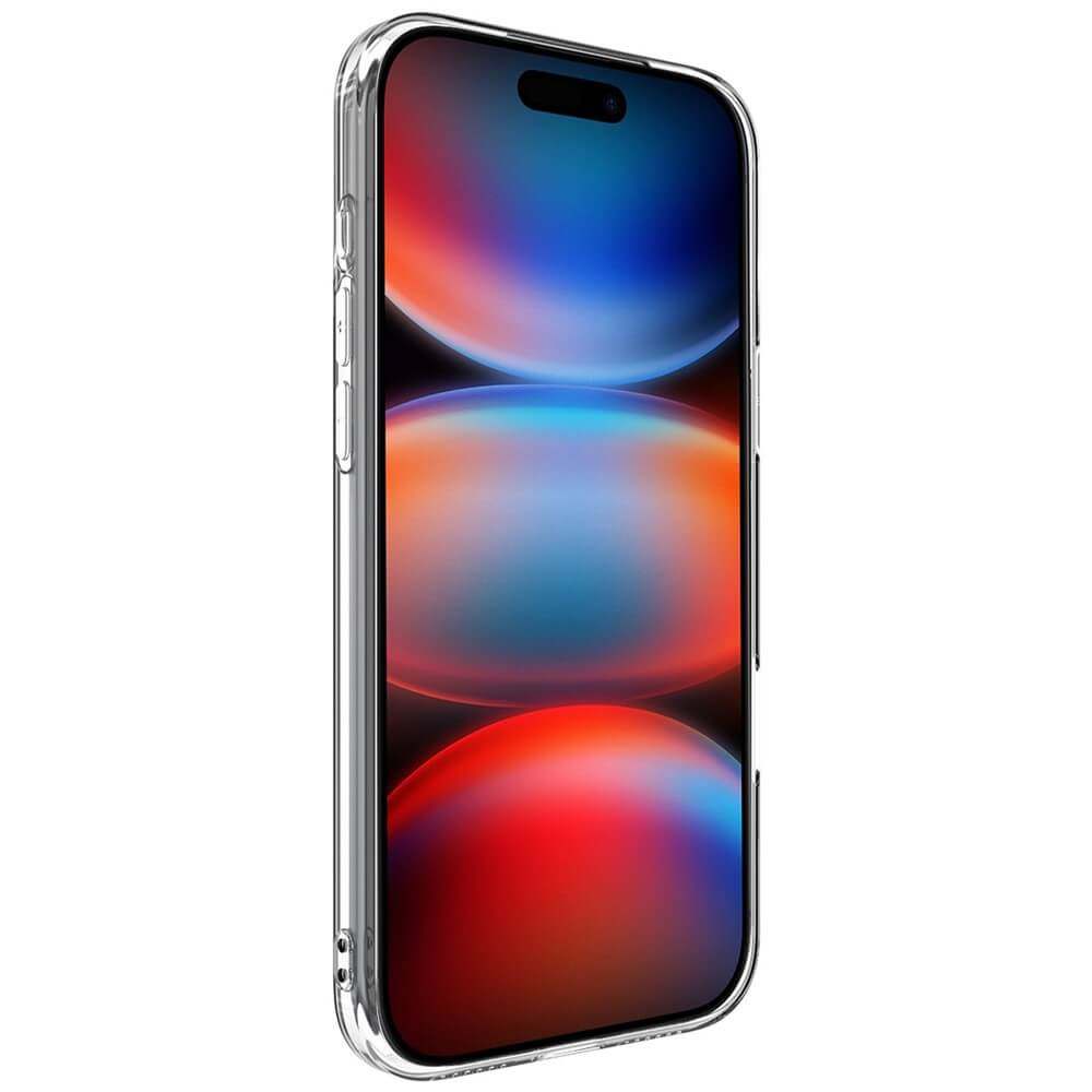 Una custodia trasparente per telefono che mostra uno sfondo astratto colorato sullo schermo.