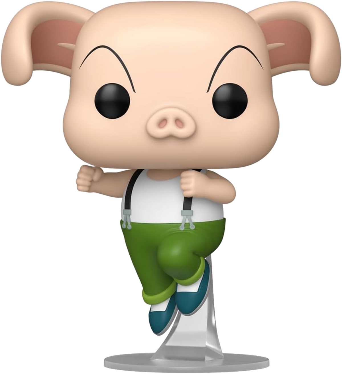 Jasnoróżowa postać świni z kreskówki, czarne oczy, zielone spodnie i biała koszula.