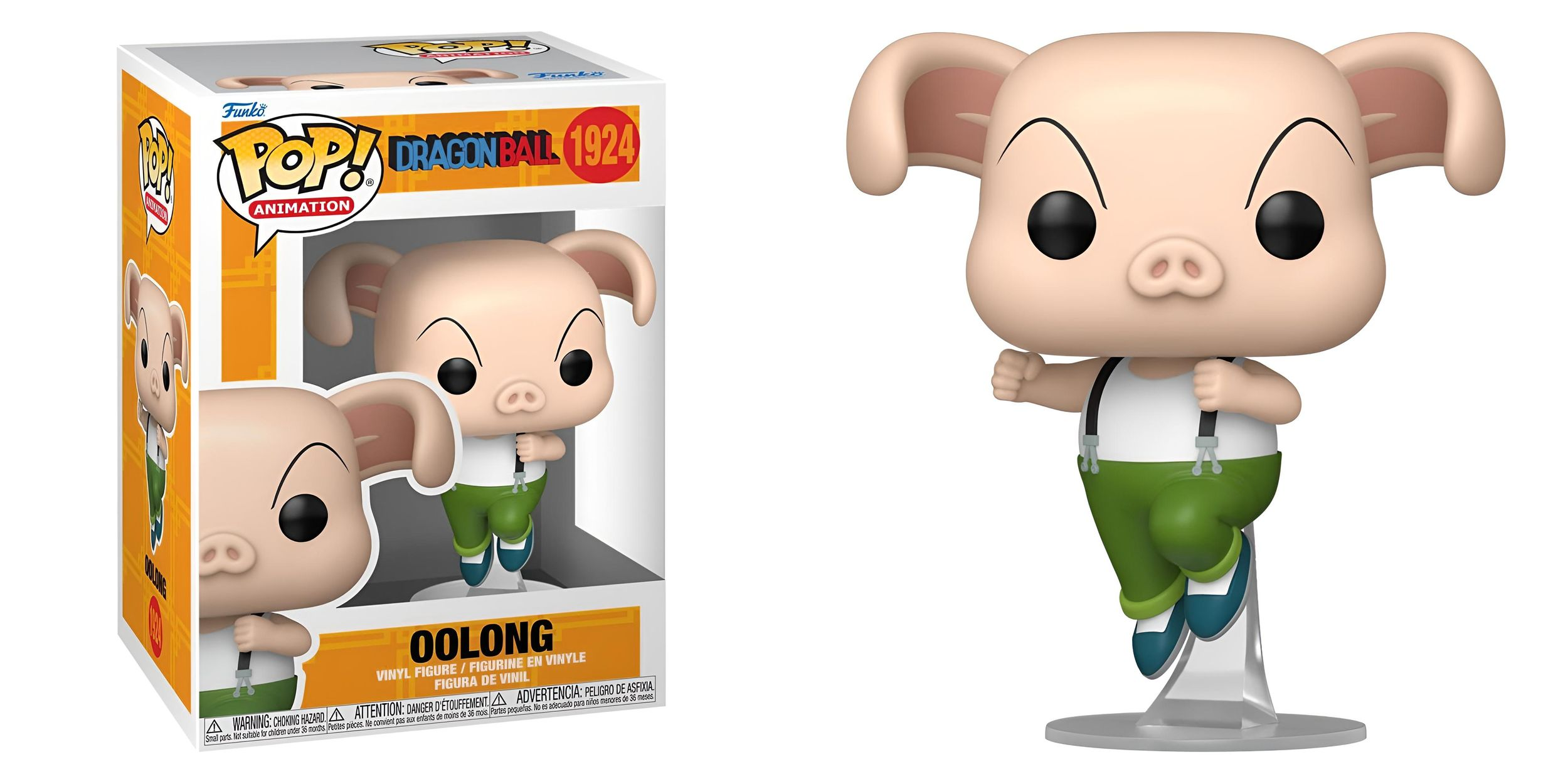 Figurka Funko Pop! Oolong w zielonych spodniach i białej koszuli z szelkami.