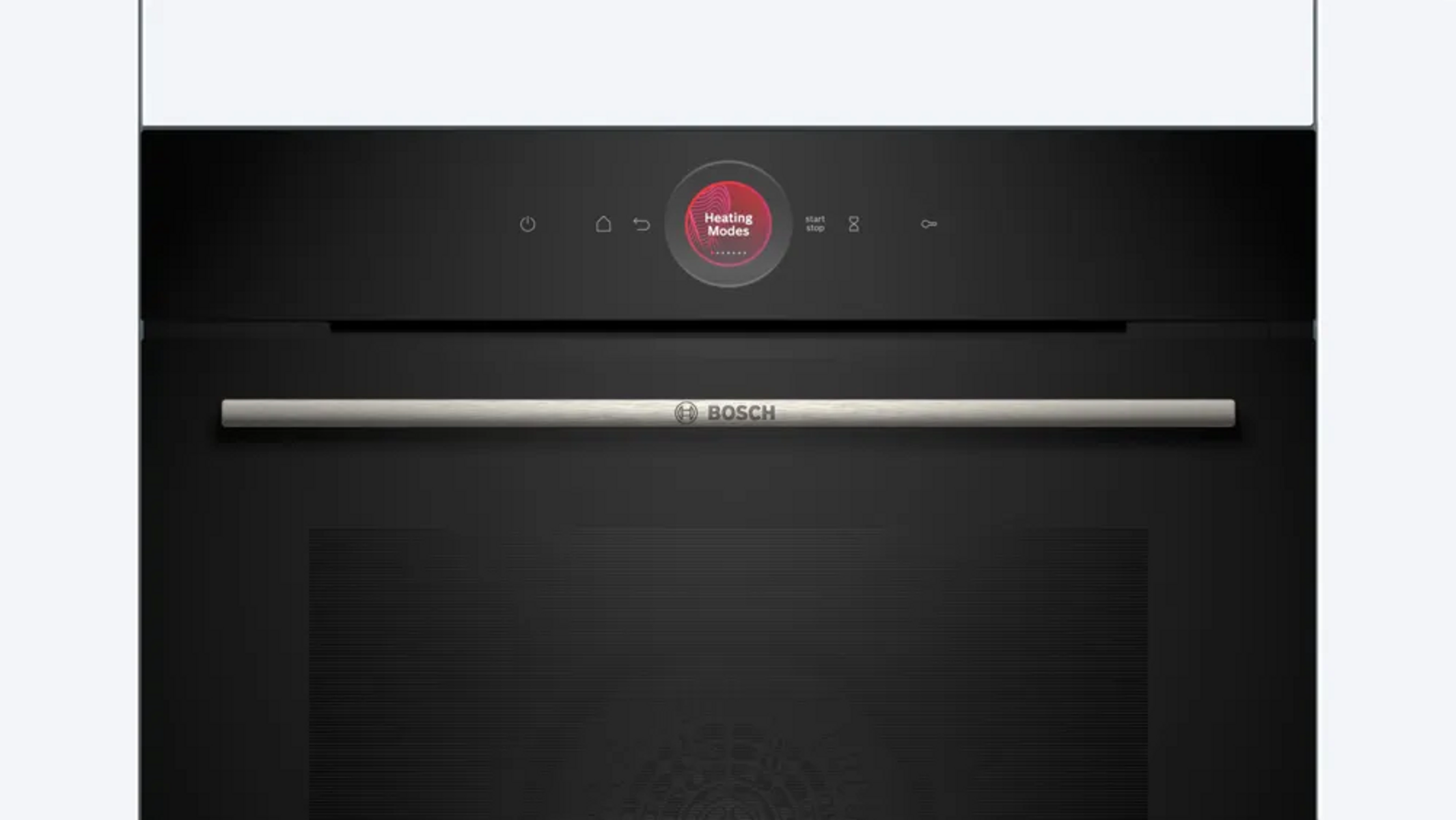 Horno negro moderno con pantalla táctil y asa plateada.