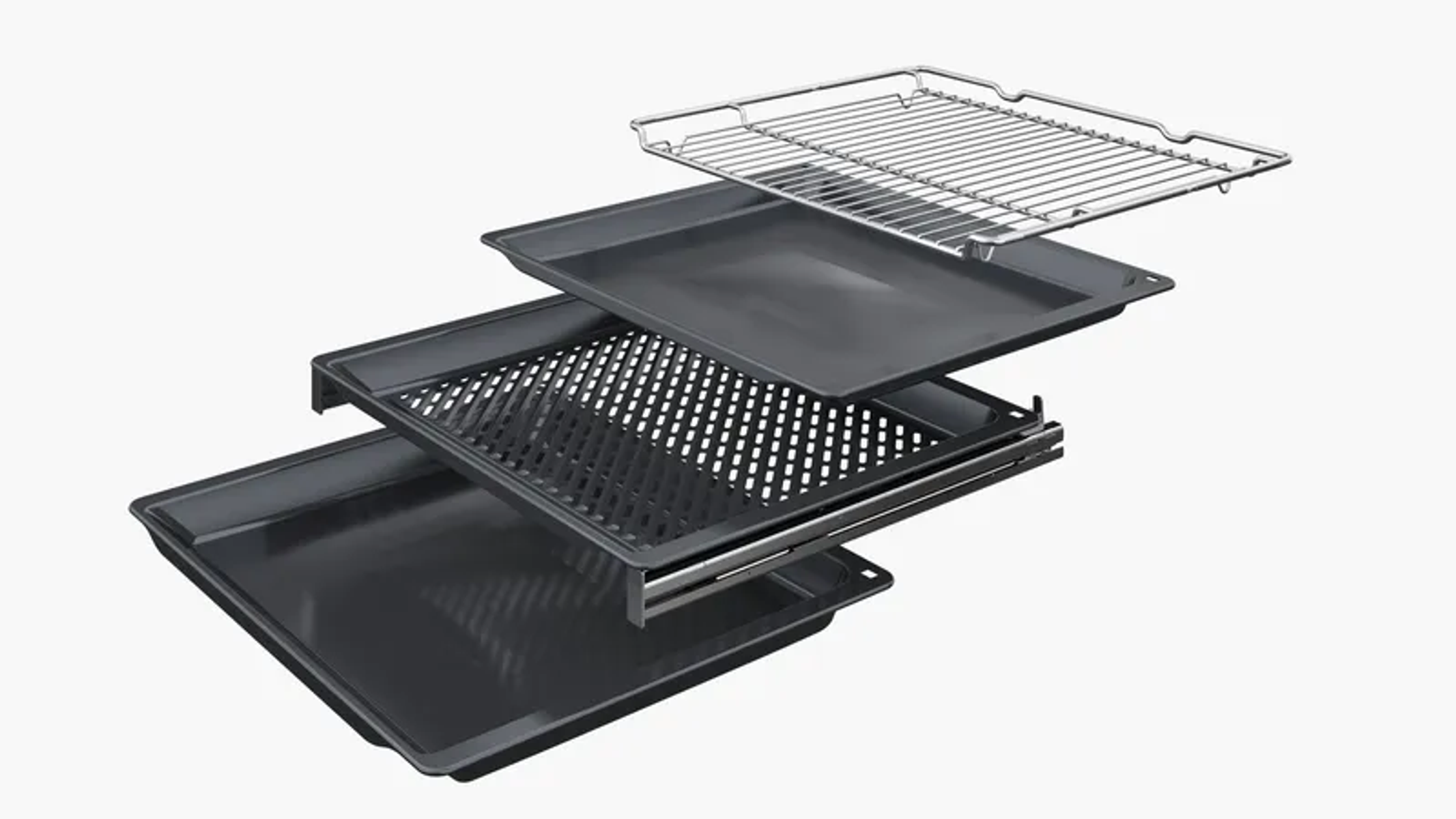 Accesorio para horno con rejilla y dos bandejas, fondo blanco.