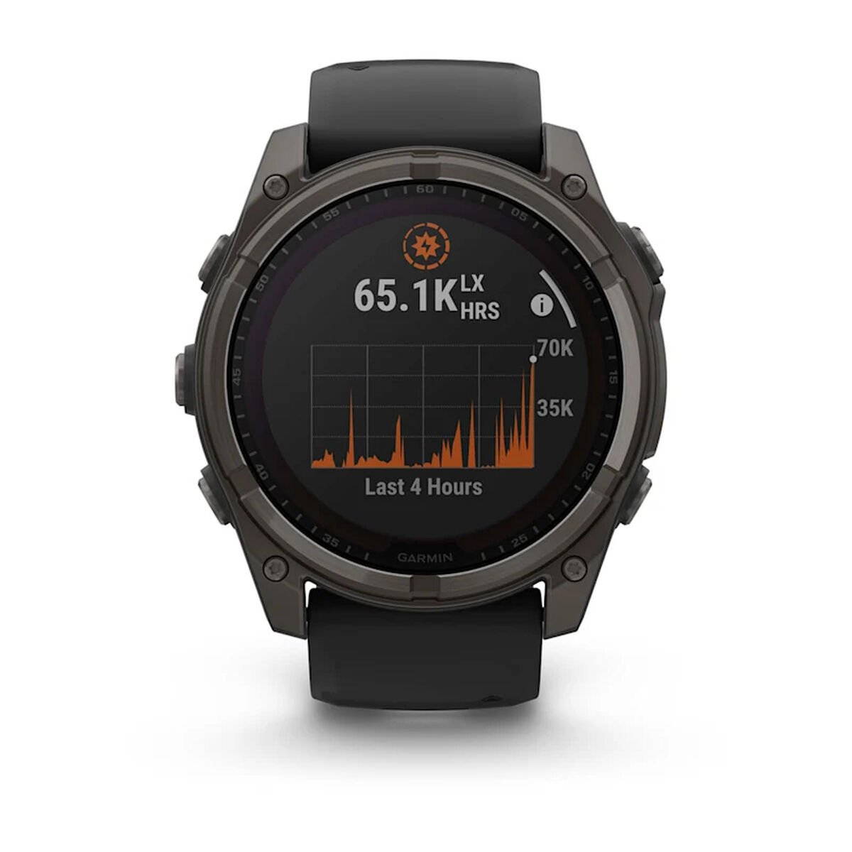 Szary smartwatch Garmin z czarnym paskiem wyświetla wykresy.