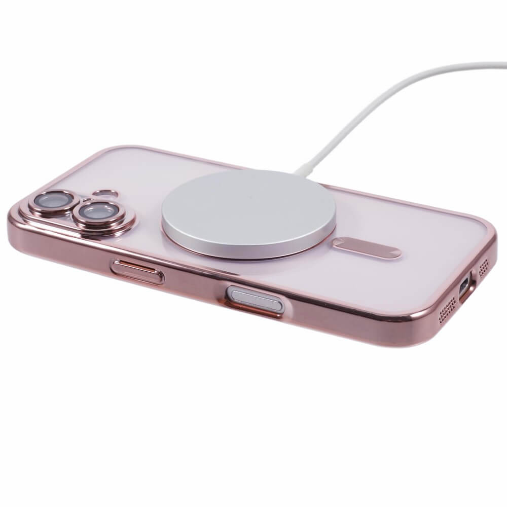 Un iPhone color oro rosa con caricatore MagSafe attaccato sul retro.