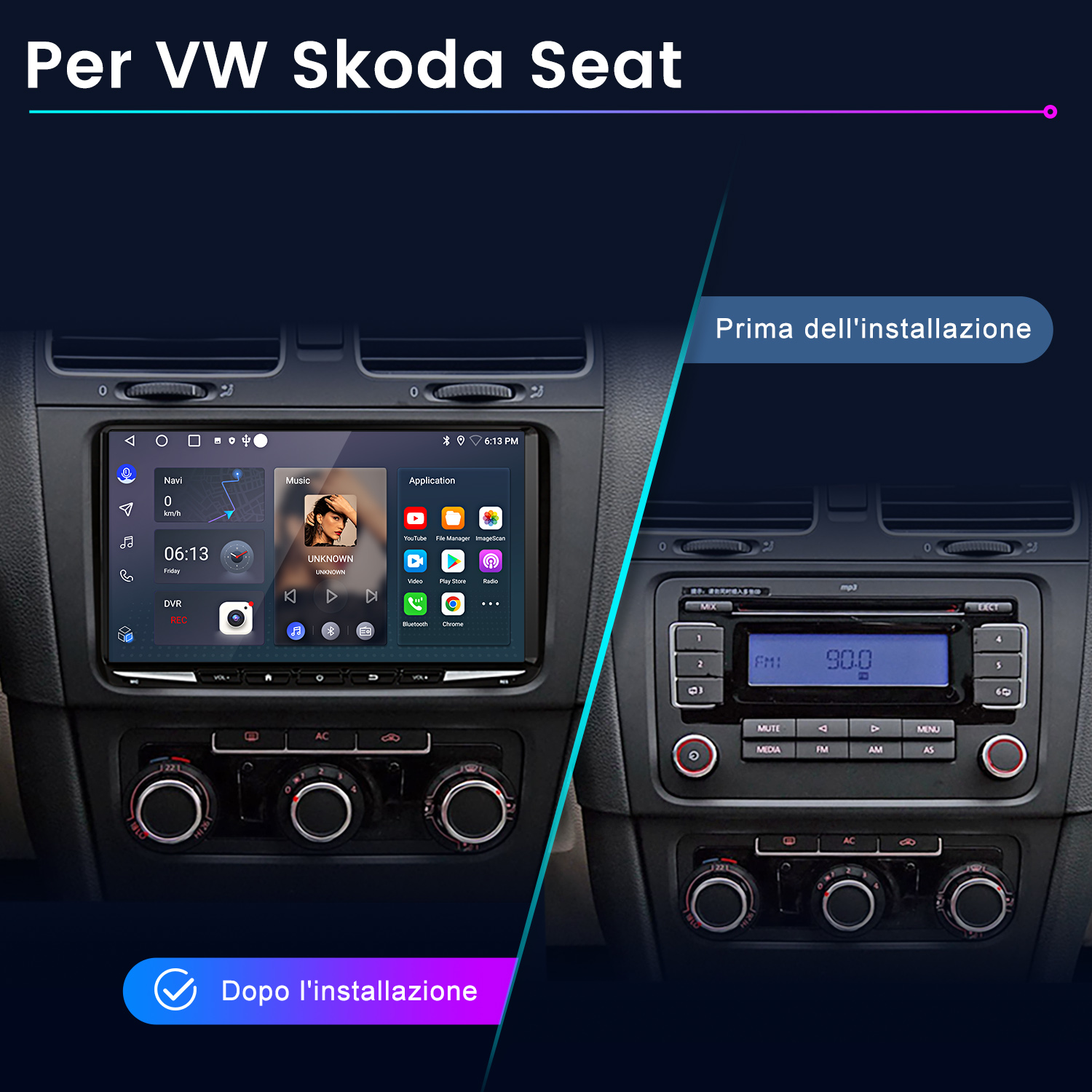 Confronto sistema infotainment auto prima e dopo l'installazione.
