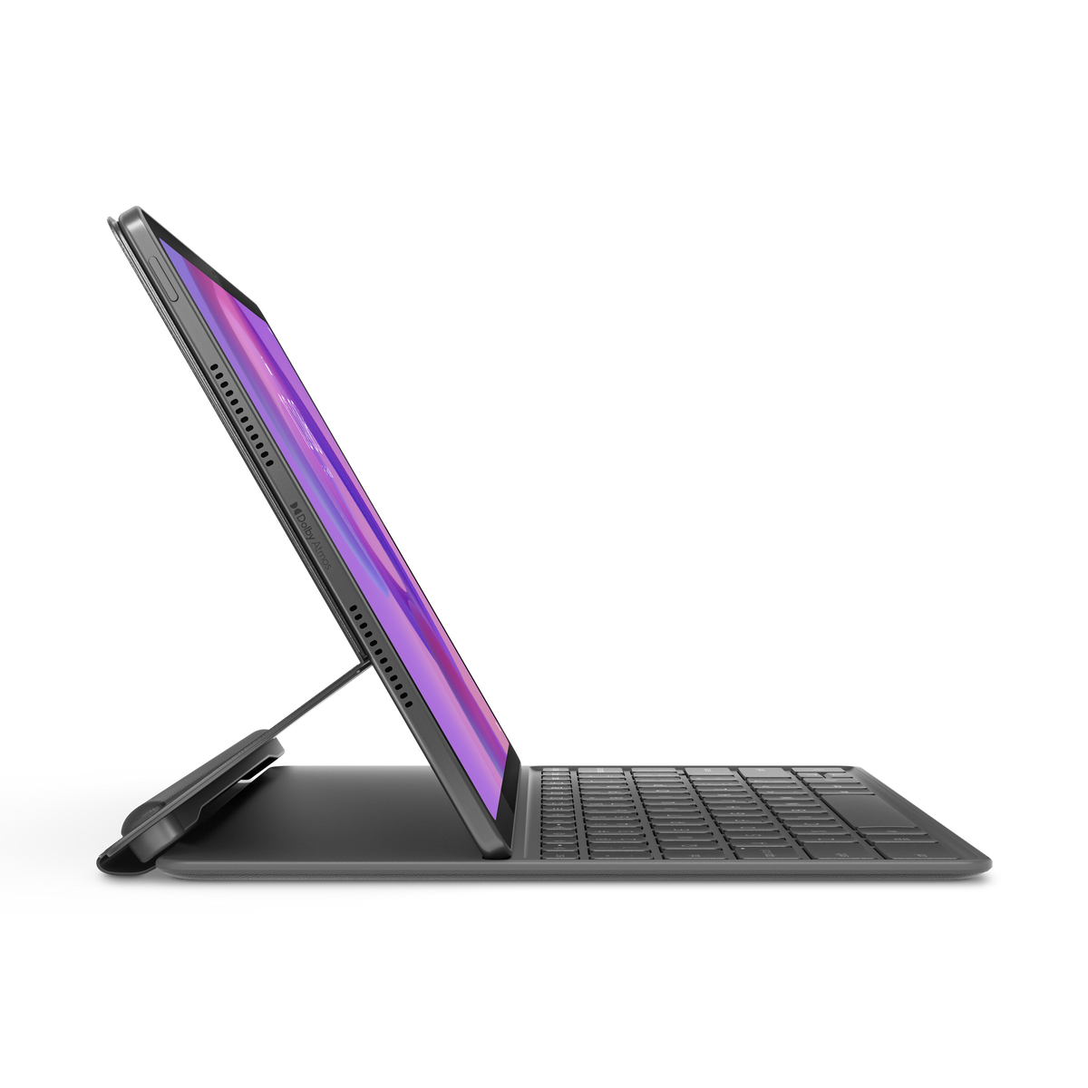 Un tablet grigio con supporto tastiera, mostrato su sfondo nero.