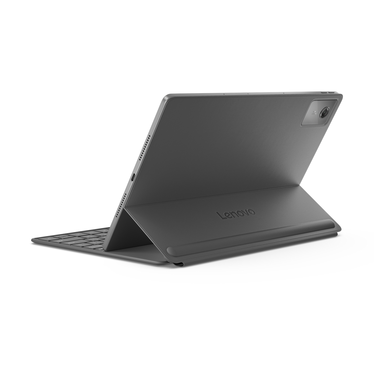 Tableta Lenovo gris con teclado y soporte, vista trasera.