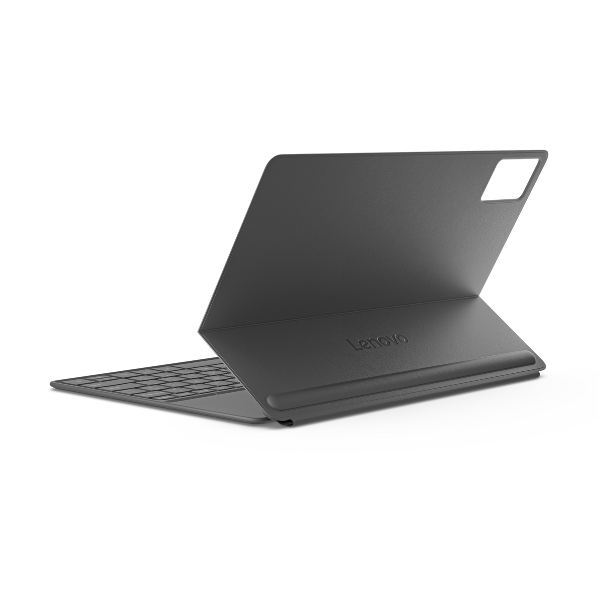Una tableta Lenovo gris con cubierta de teclado adjunta, sobre fondo negro.