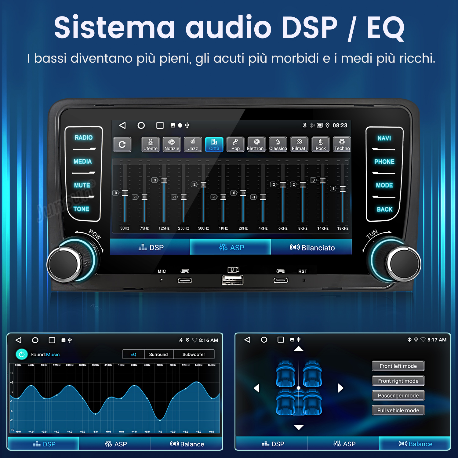Display sistema audio auto con equalizzatore, impostazioni audio e posizionamento veicolo.