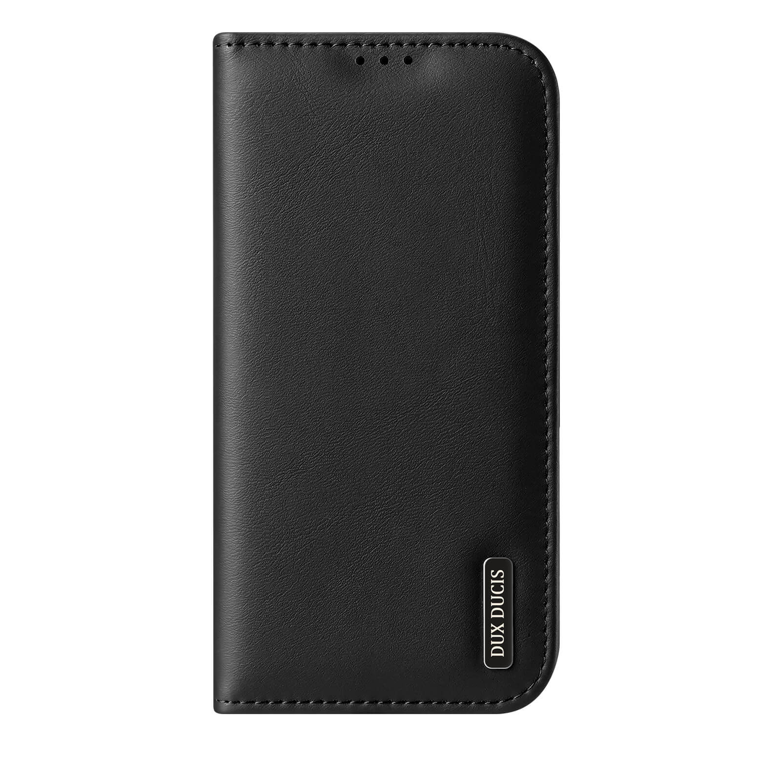 Custodia a libro in pelle nera per smartphone con cuciture e logo.