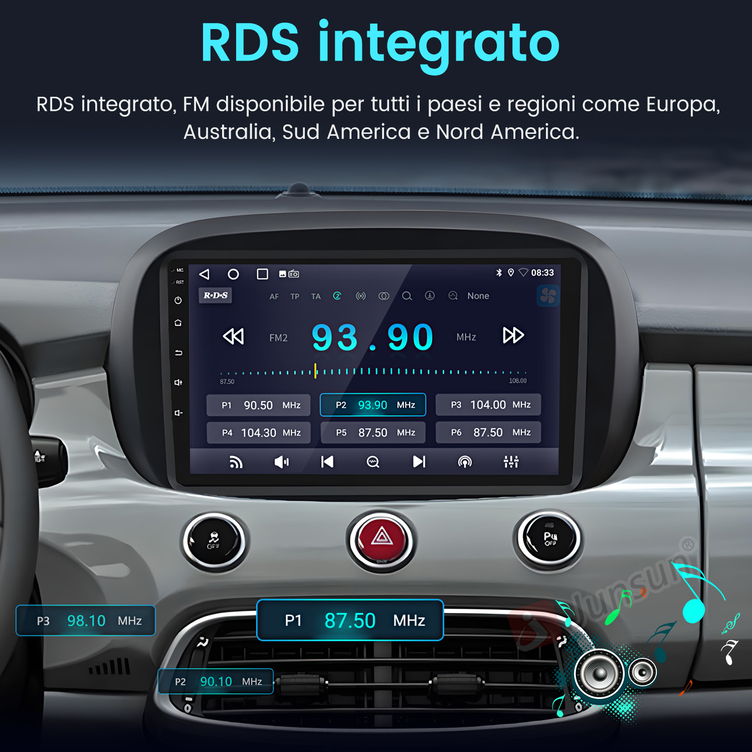 Cruscotto auto con display radio che mostra 93,90 MHz. Pulsanti sotto.