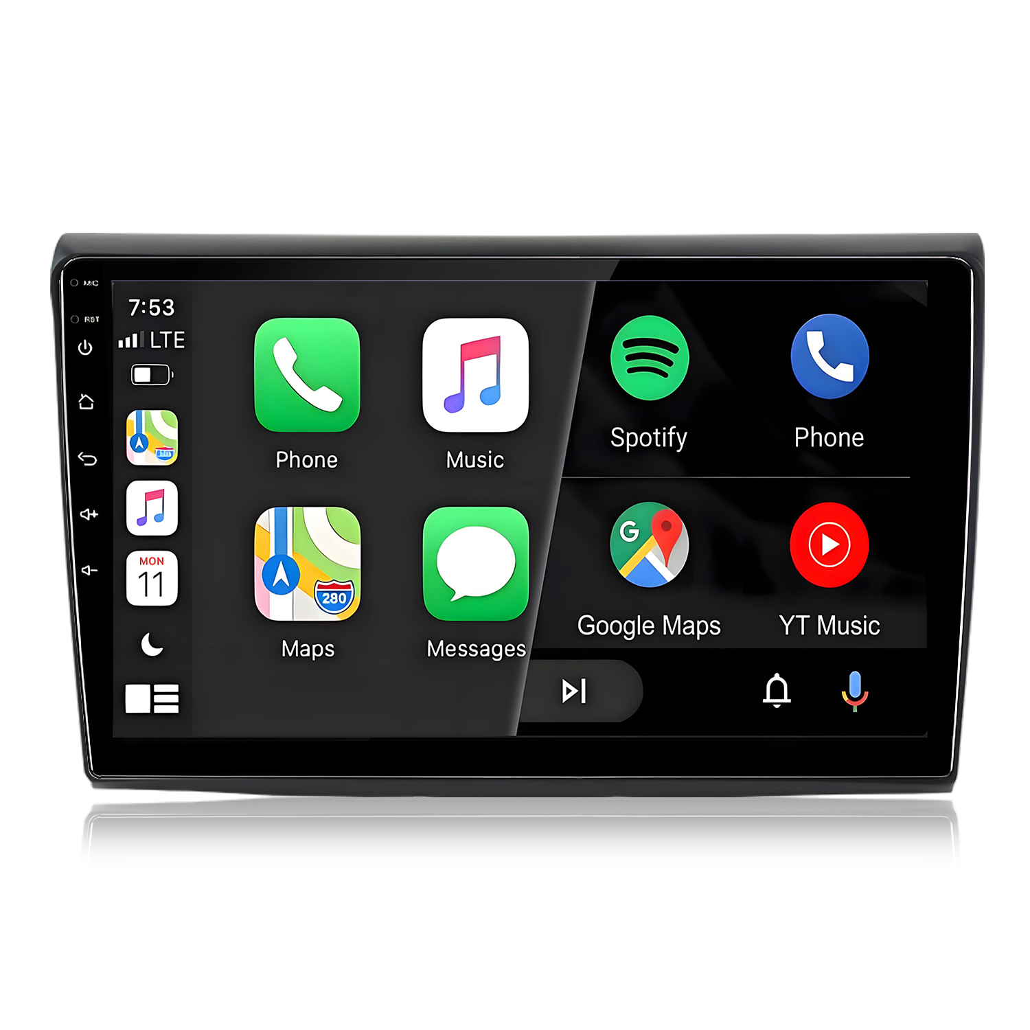 Schermo infotainment auto con icone app: Telefono, Musica, Spotify, Mappe, Messaggi.