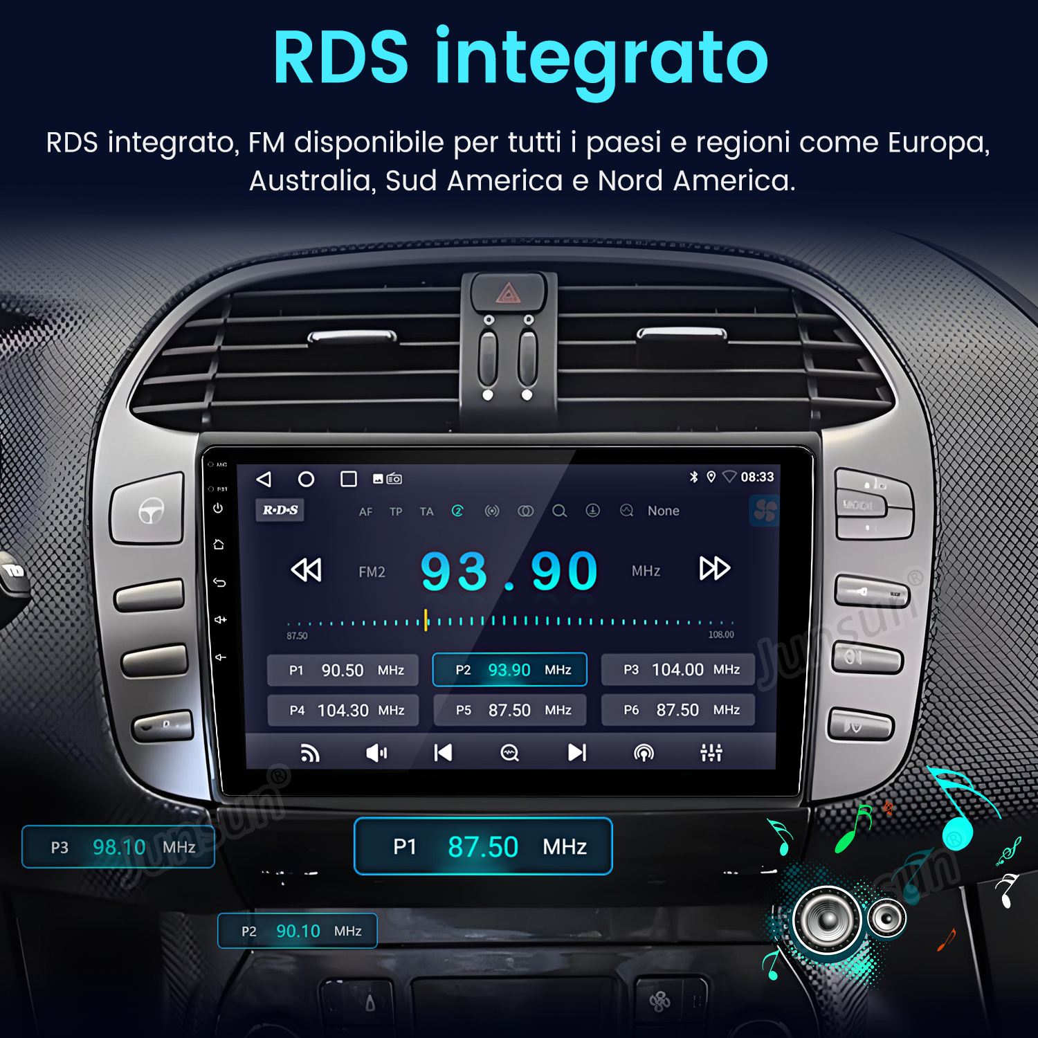 Cruscotto con radio touchscreen che mostra stazioni FM.