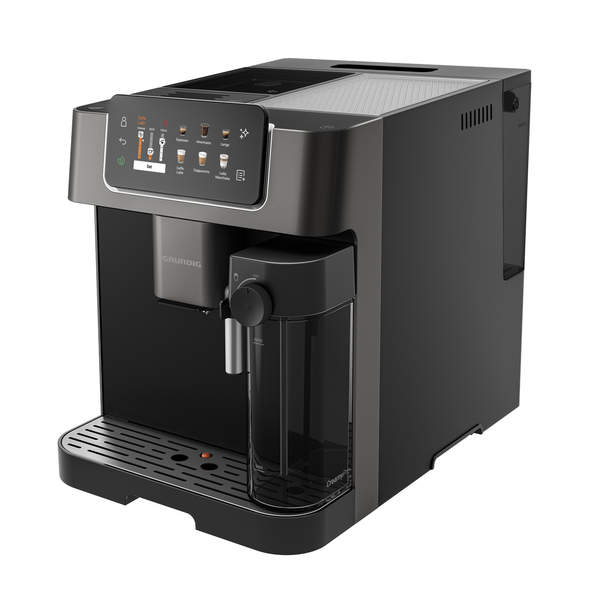 Eine dunkle Kaffeemaschine mit einem Touchscreen, der Kaffeeoptionen anzeigt.