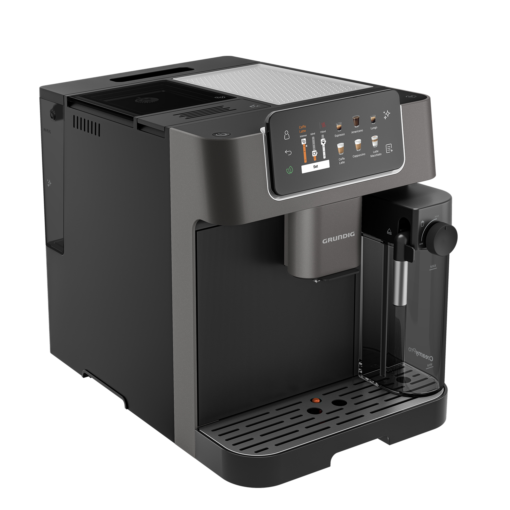 Eine schwarze Kaffeemaschine mit Touchscreen-Display, das verschiedene Kaffeeoptionen anzeigt.
