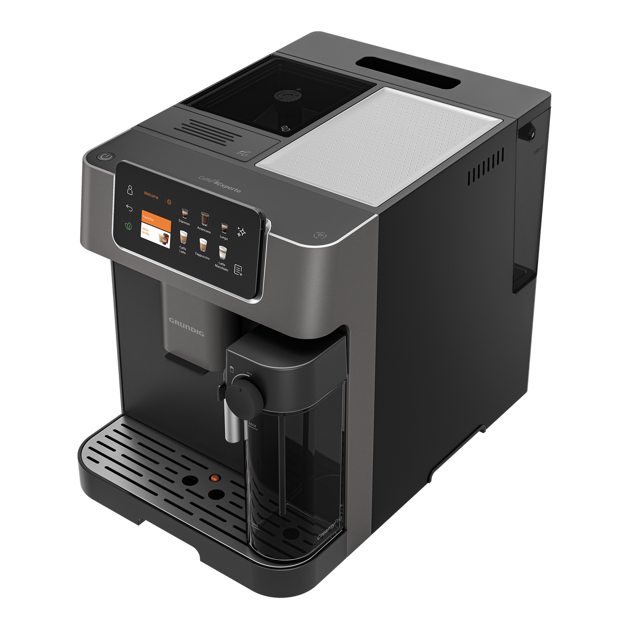 Eine schwarze Kaffeemaschine mit Touchscreen, die verschiedene Kaffeesorten anzeigt.