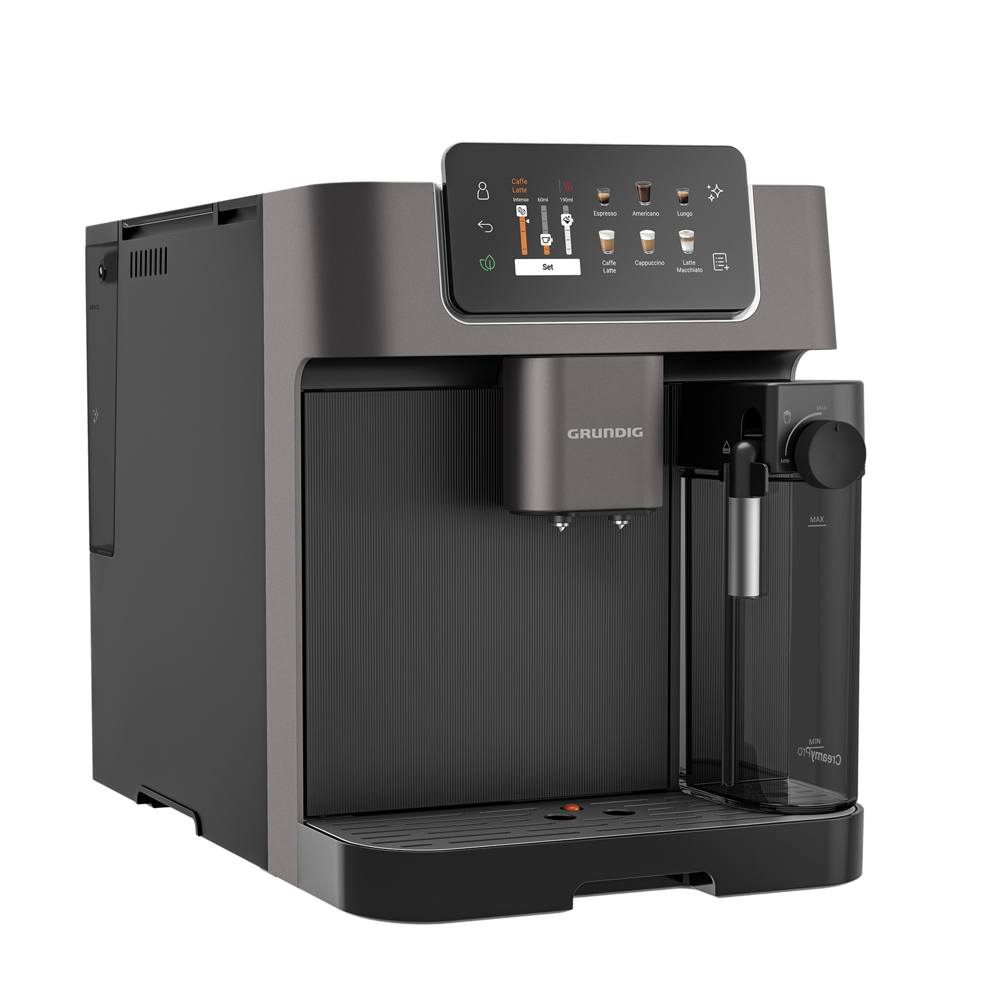 Eine graue Kaffeemaschine mit Touchscreen-Display und Kaffeeausläufen.