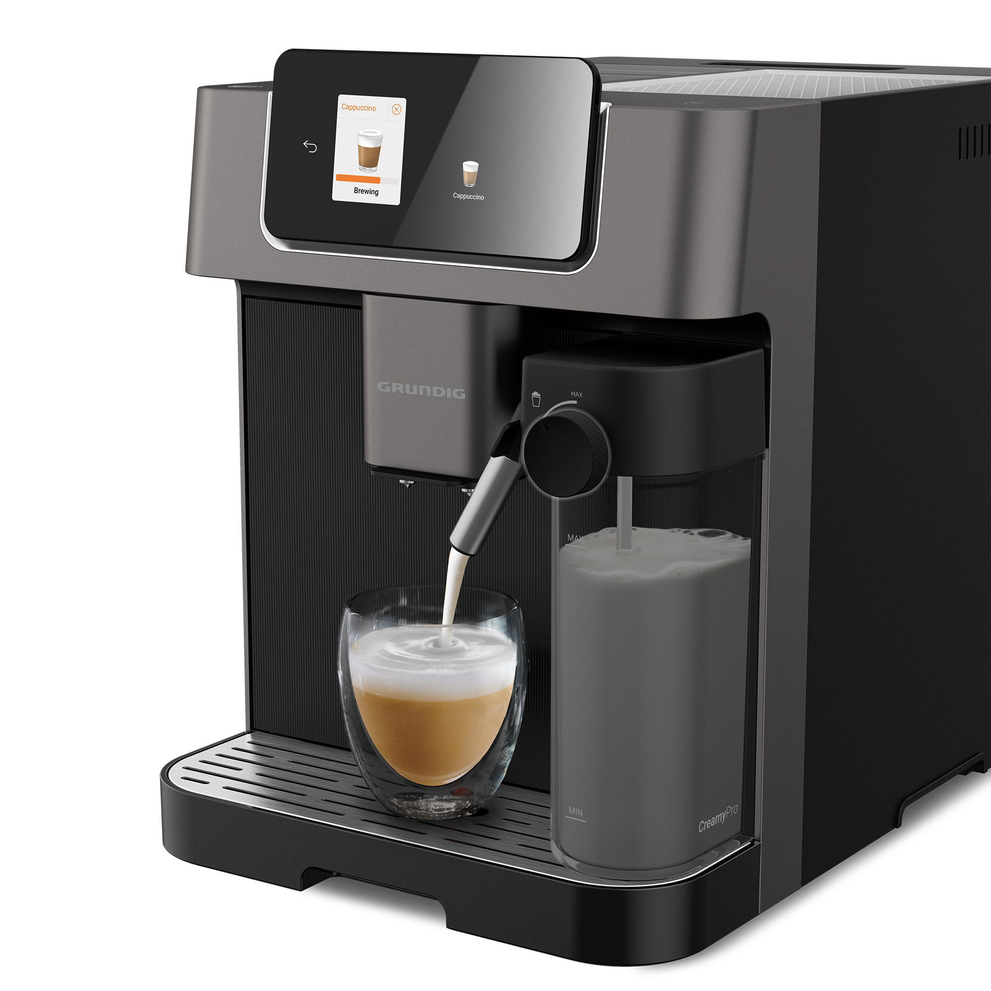 Kaffeemaschine brüht Cappuccino in ein Glas, Milch wird aufgeschäumt.