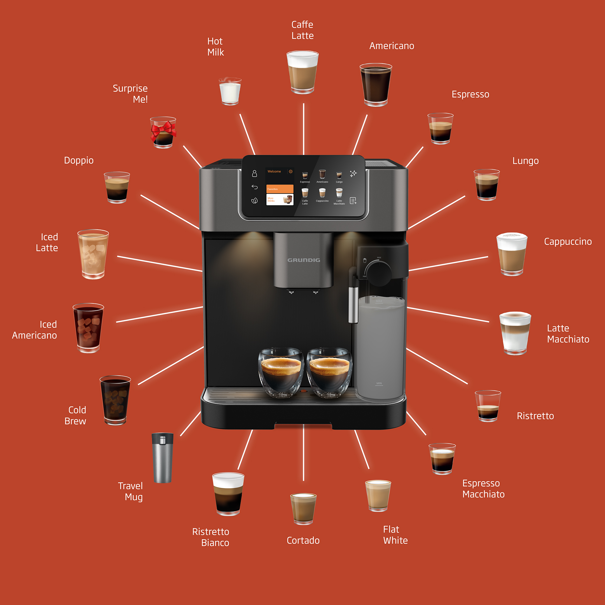 Eine Kaffeemaschine mit vielen Kaffeespezialitäten um sie herum.