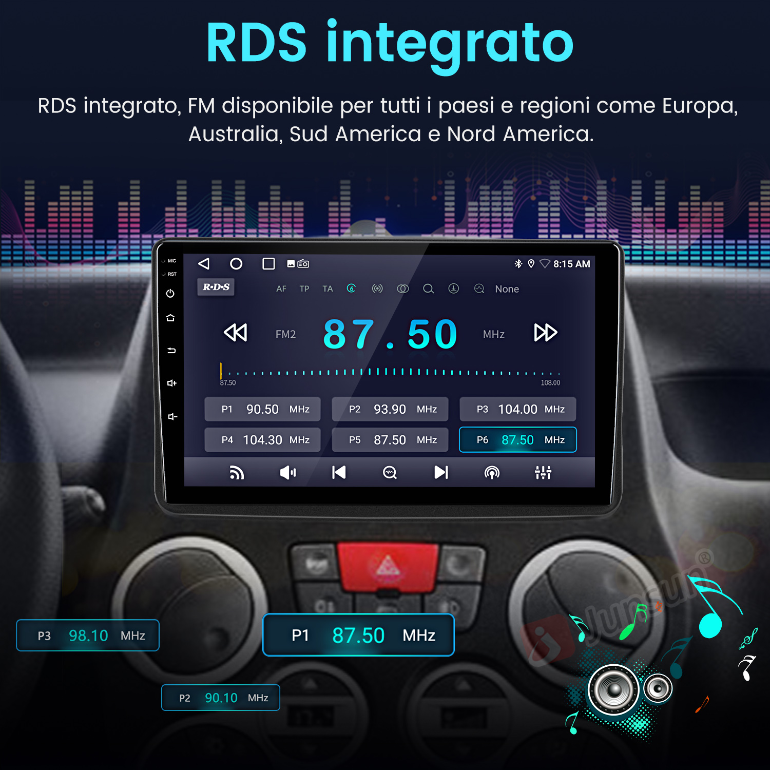 Autoradio con display RDS mostra 87.50 MHz. Pulsanti e onde sono visibili.