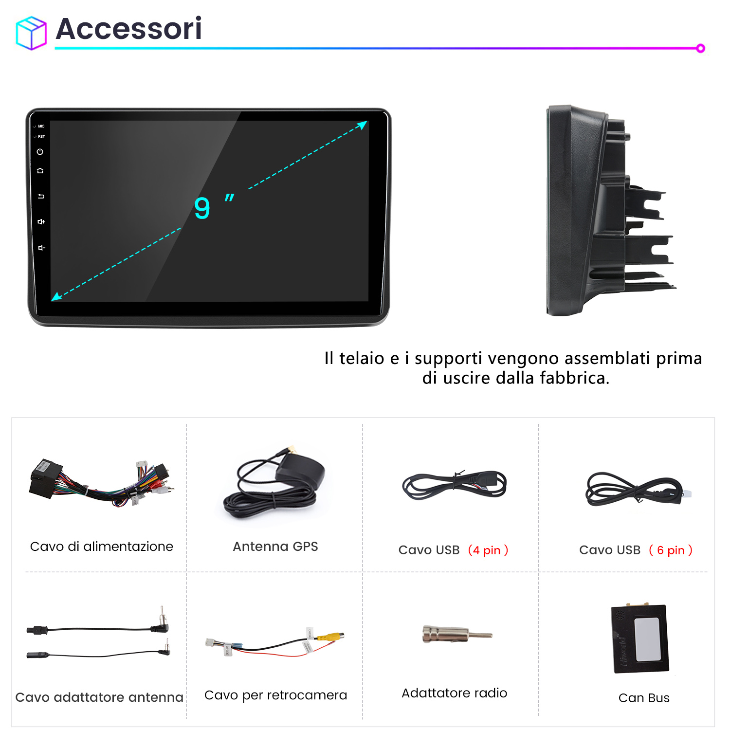 Schermo da 9 pollici, vista laterale del dispositivo e accessori.