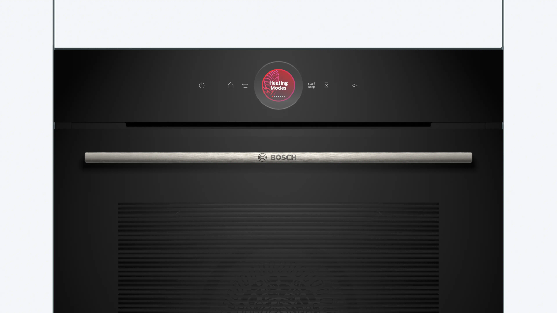 Forno nero moderno con pannello di controllo touchscreen e logo Bosch.