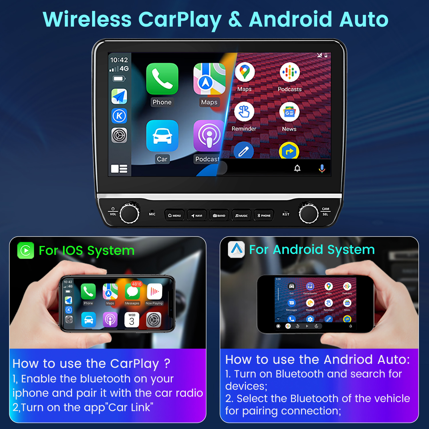 Obraz przedstawia radio samochodowe z CarPlay i Android Auto, obok telefony z systemami.