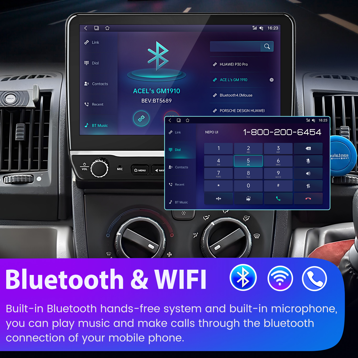 Samochodowy system infotainment wyświetla interfejs telefonu i Bluetooth z klawiaturą.