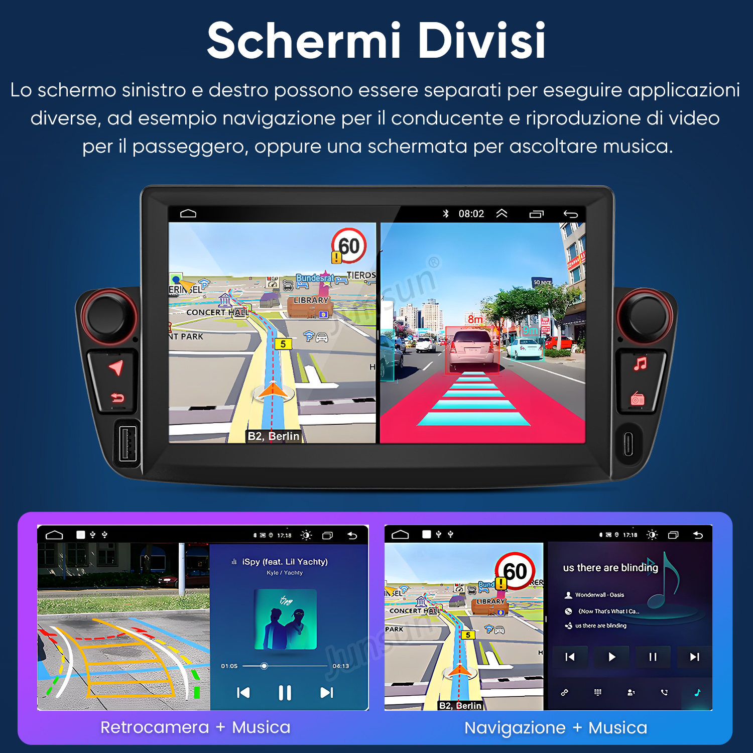 Schermo diviso con navigazione e lettore musicale. Un'auto su una strada.