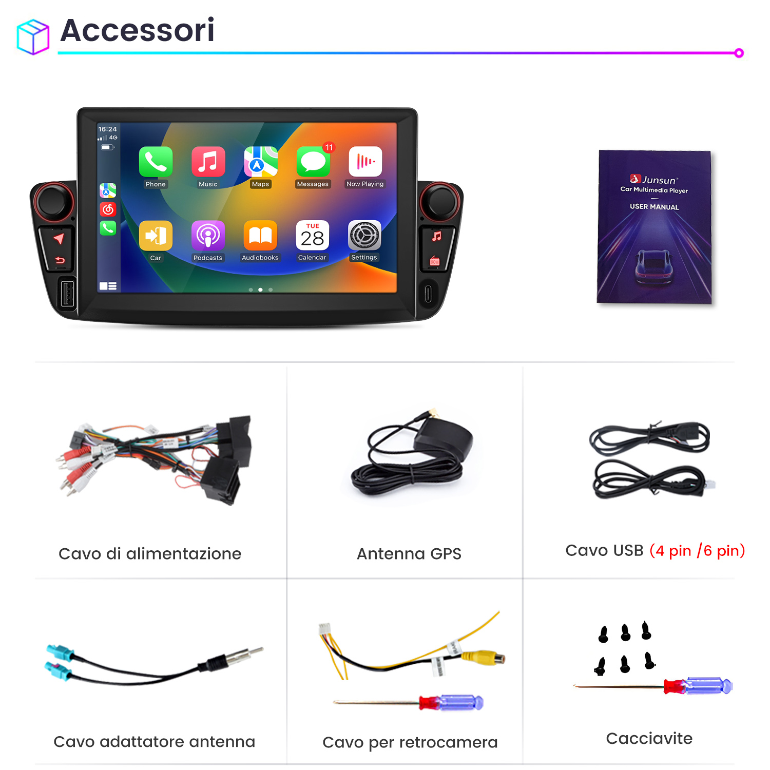 Schermo con app, manuale, cavo alimentazione, antenna GPS, cavo USB, adattatore, cavo telecamera, viti.