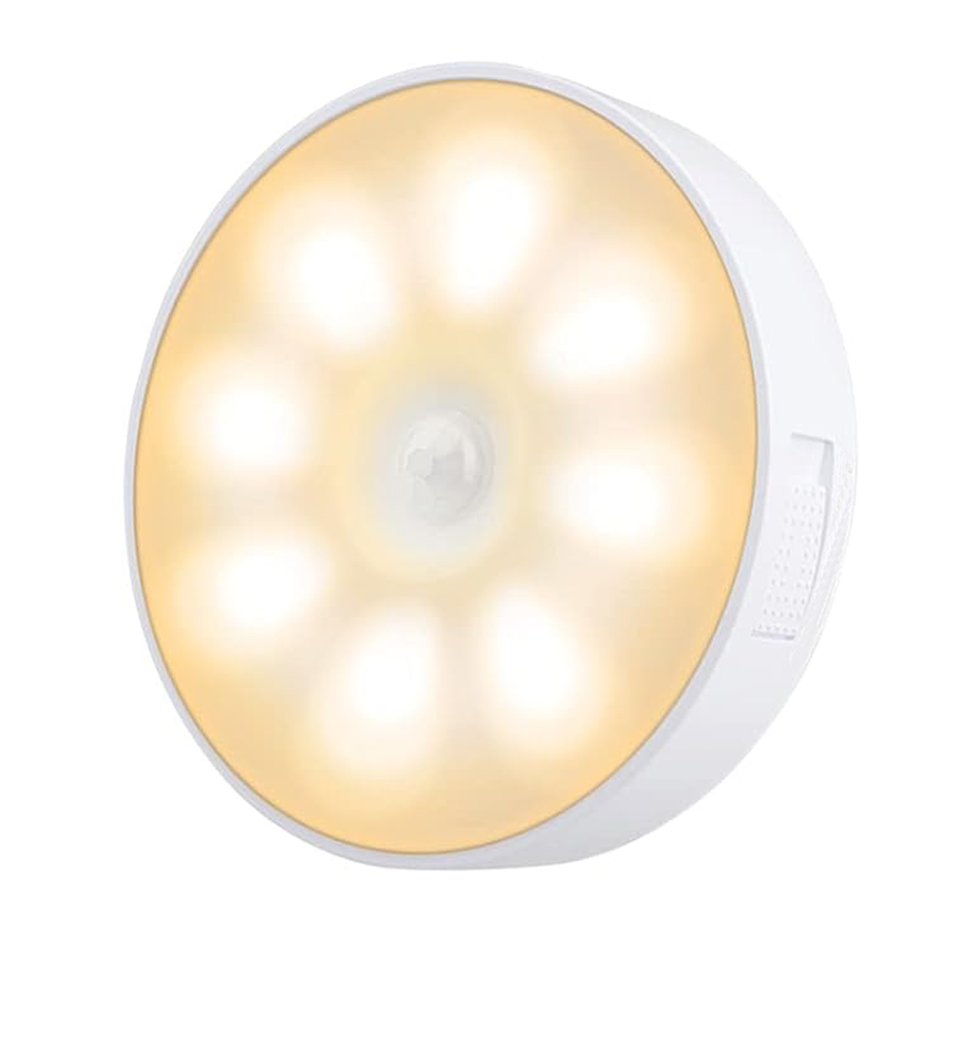 Eine weiße, runde Lampe mit acht gelben Lichtern und einem Bewegungssensor.