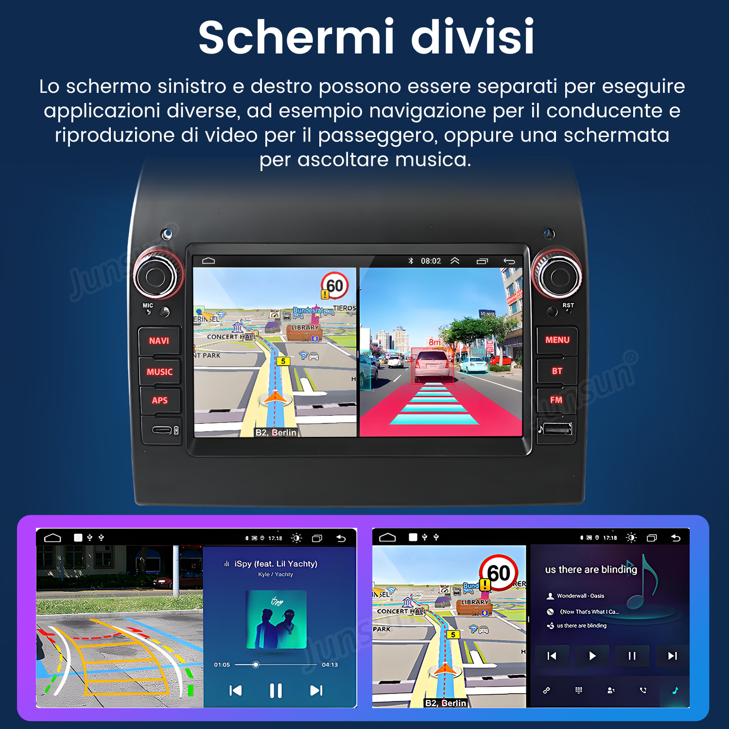 Un autoradio con doppio schermo mostra navigazione e lettore musicale.