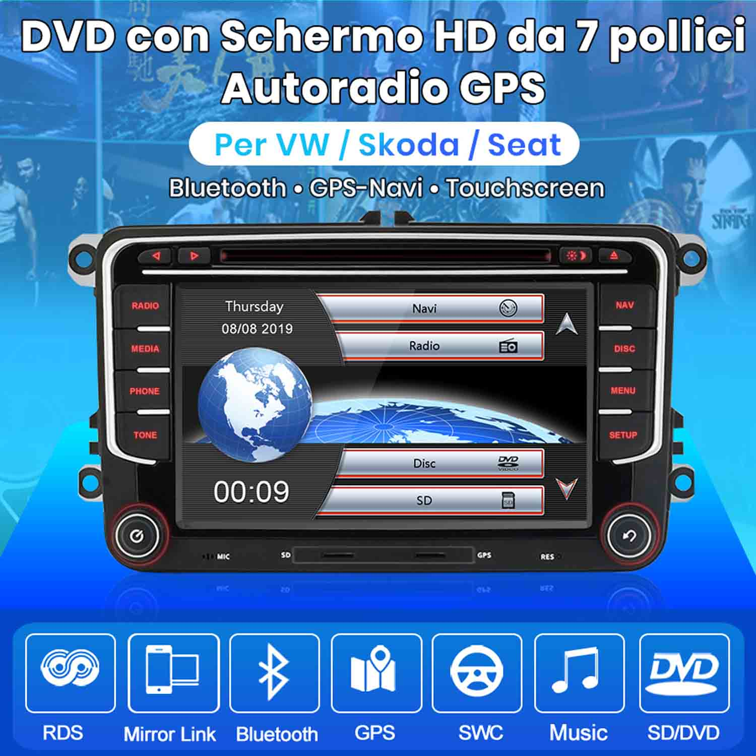 Autoradio 7 pollici HD touchscreen per VW, Skoda, Seat con radio, navigatore, Bluetooth.