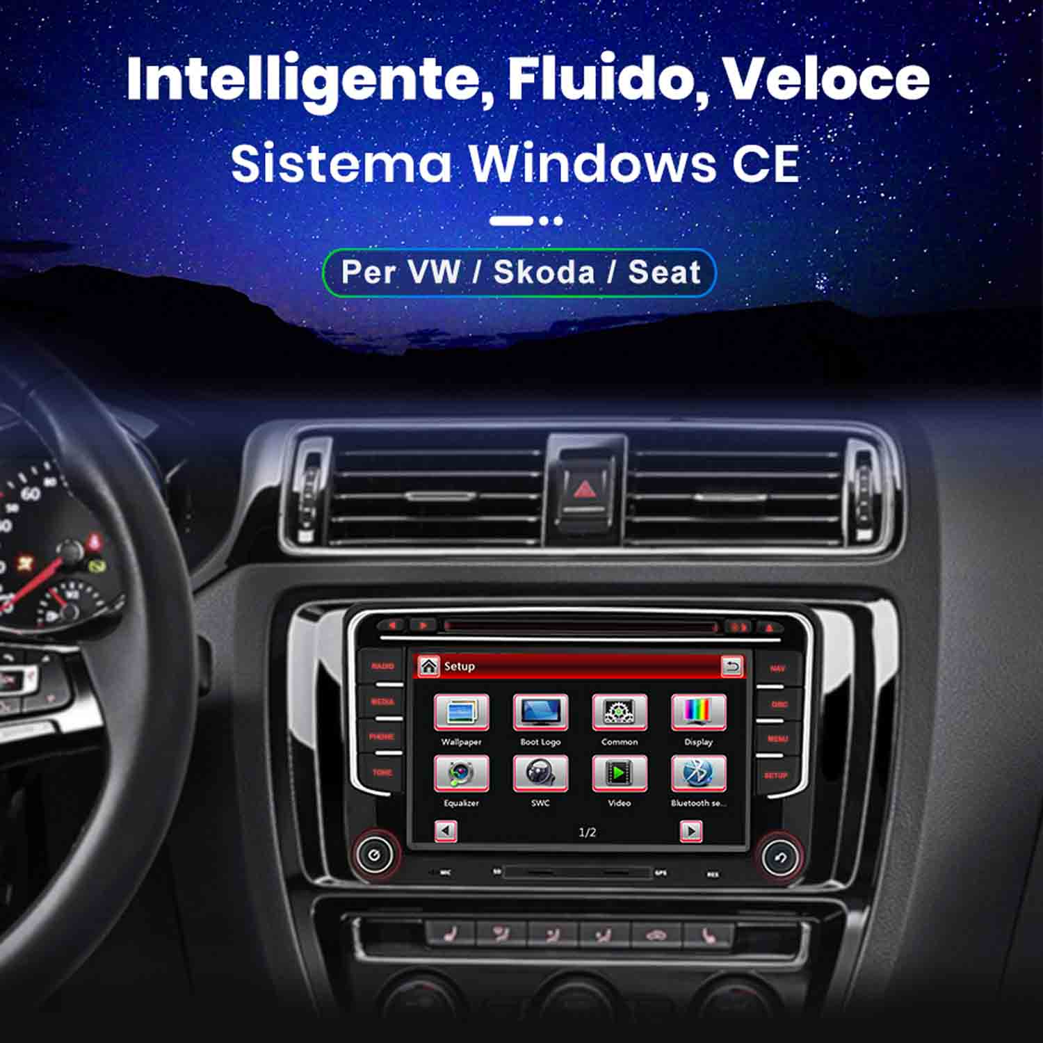Cruscotto auto con schermo infotainment che mostra il menu di configurazione Windows CE.
