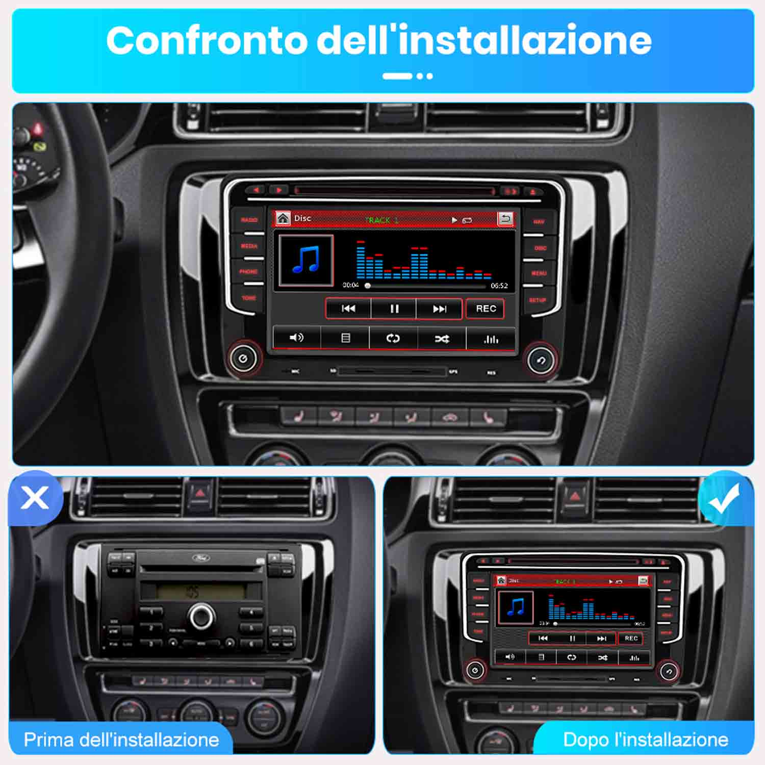 Confronto sistemi audio auto interni prima e dopo installazione.