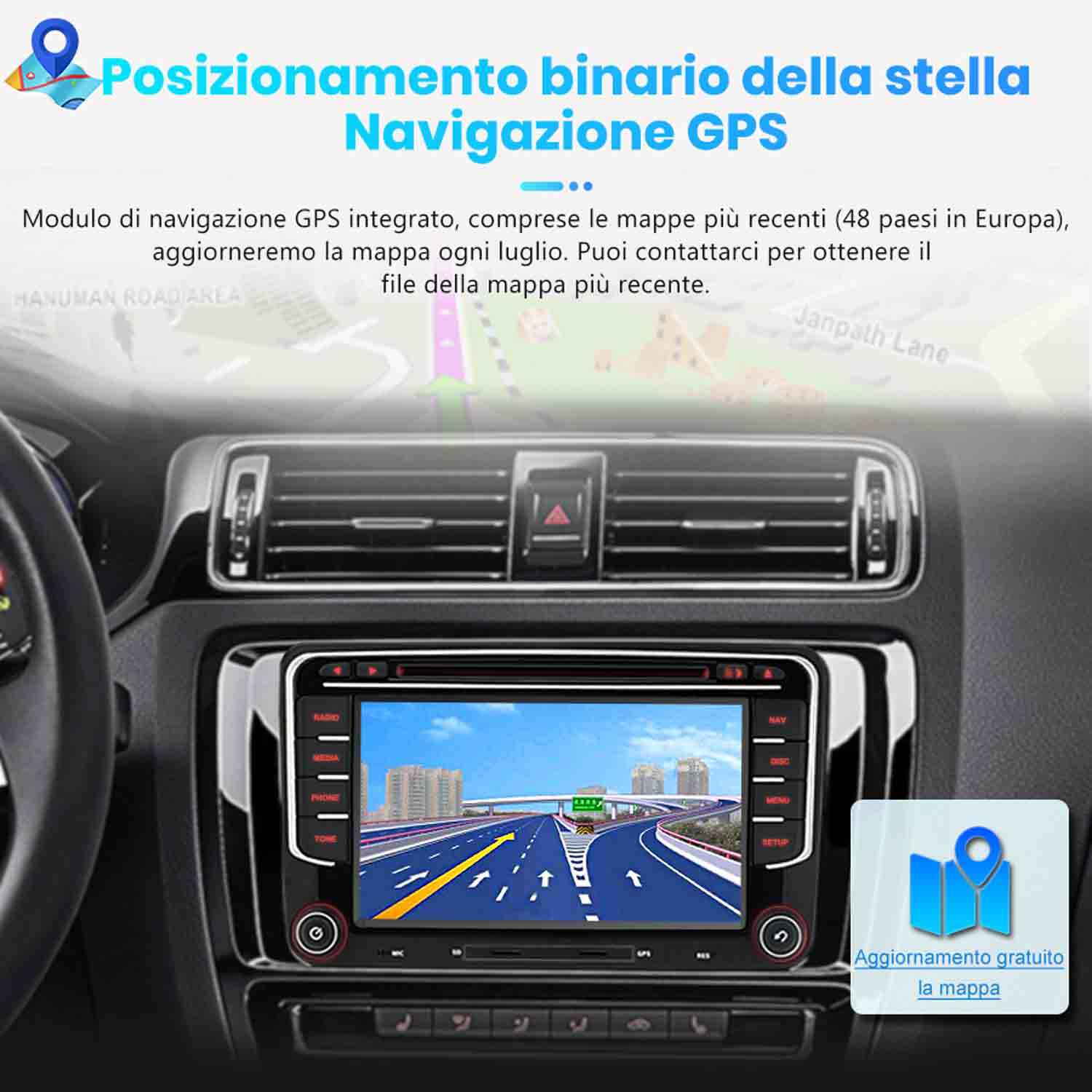 Il sistema di navigazione di un'auto mostra una mappa stradale con edifici e autostrada.