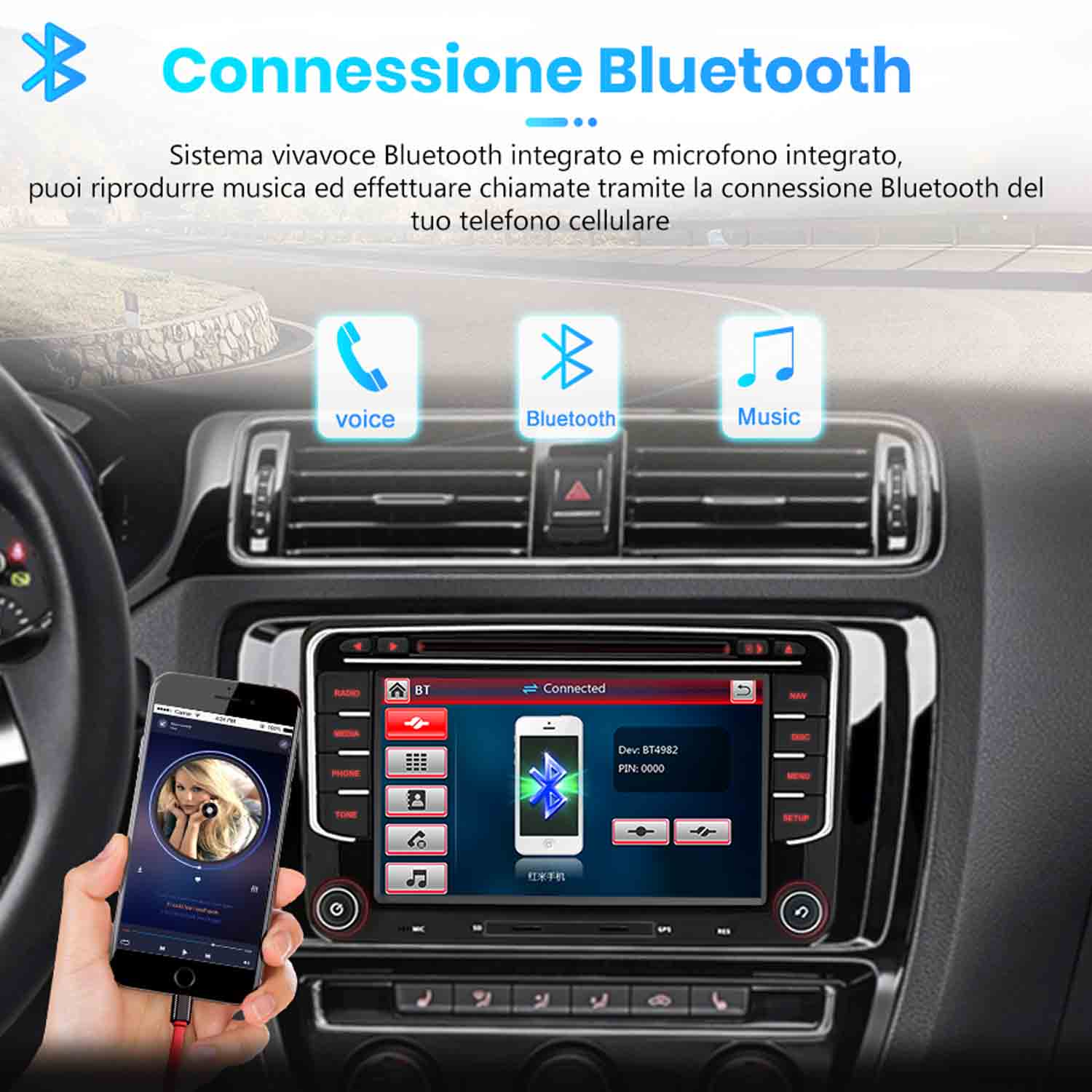 Uno smartphone si connette al sistema di infotainment dell'auto, mostrando le funzioni Bluetooth.