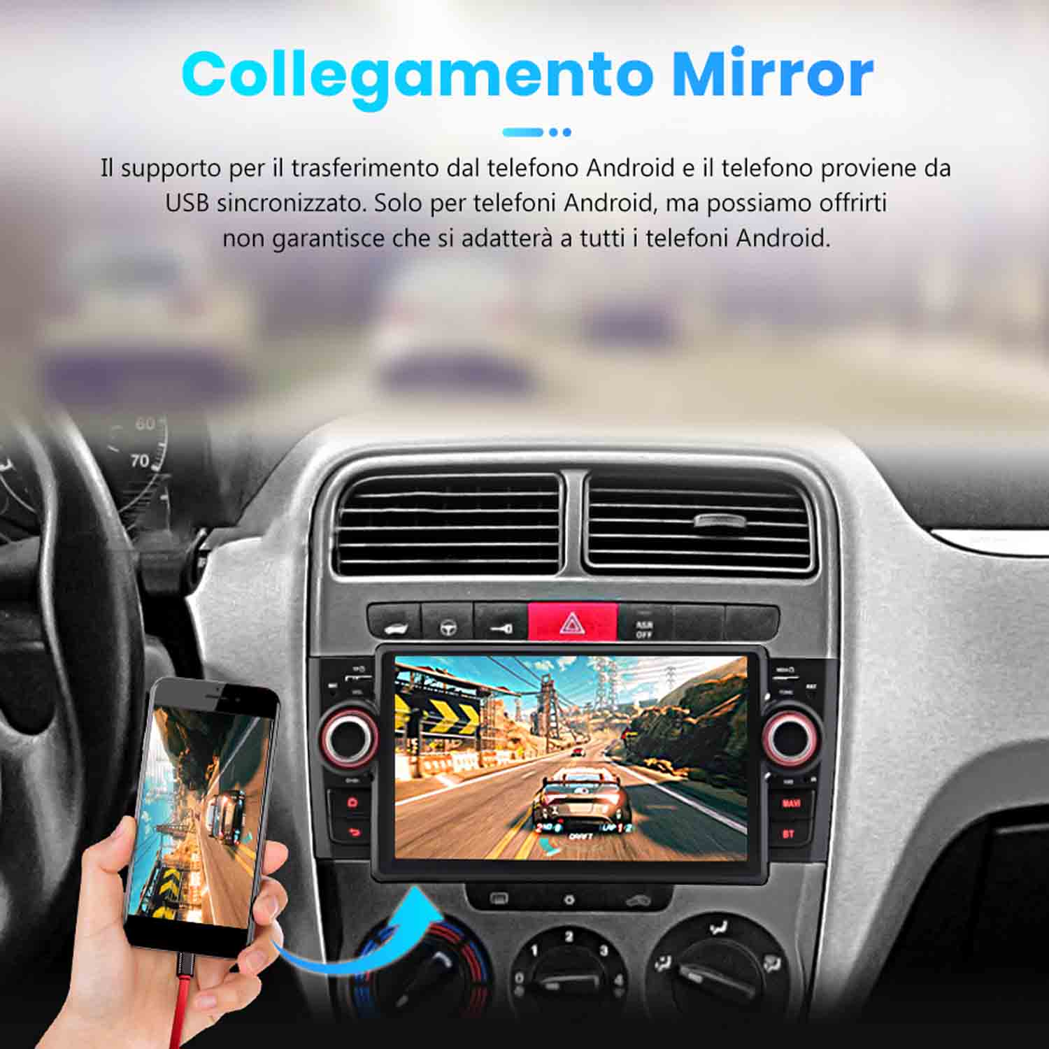 Mano che tiene smartphone collegato al sistema di infotainment dell'auto che mostra un gioco di corse.