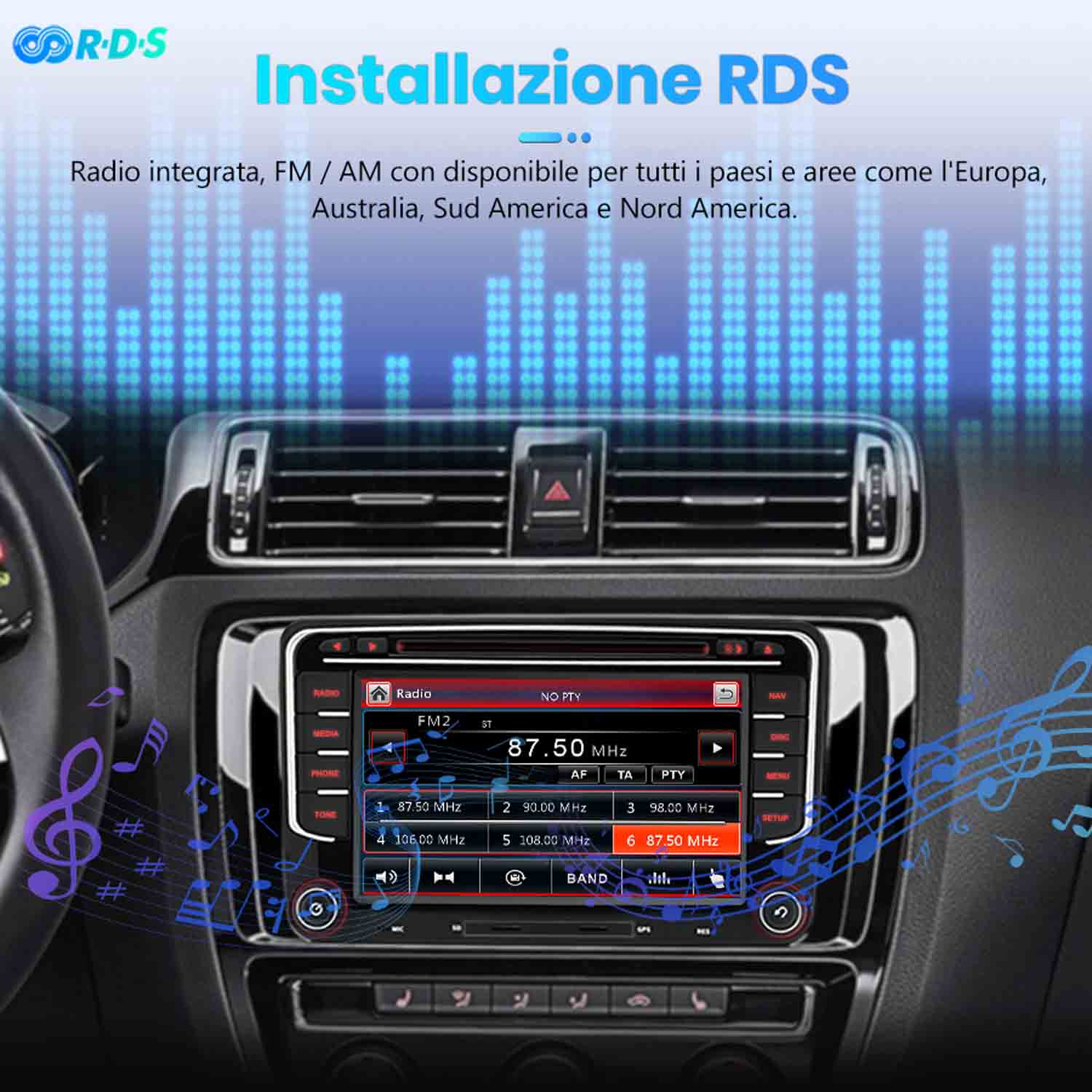 Display autoradio mostra stazione 87.50 MHz. Note musicali fluttuano.