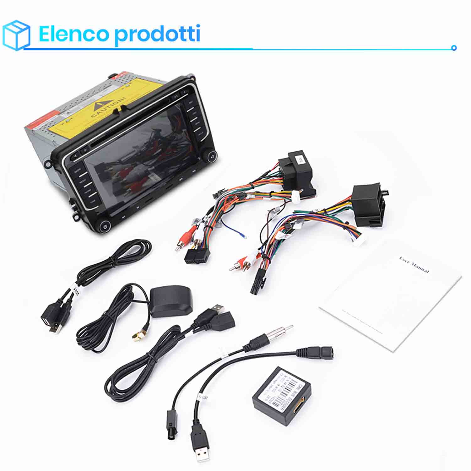Autoradio con cavi, modulo GPS, decoder CAN bus e manuale.