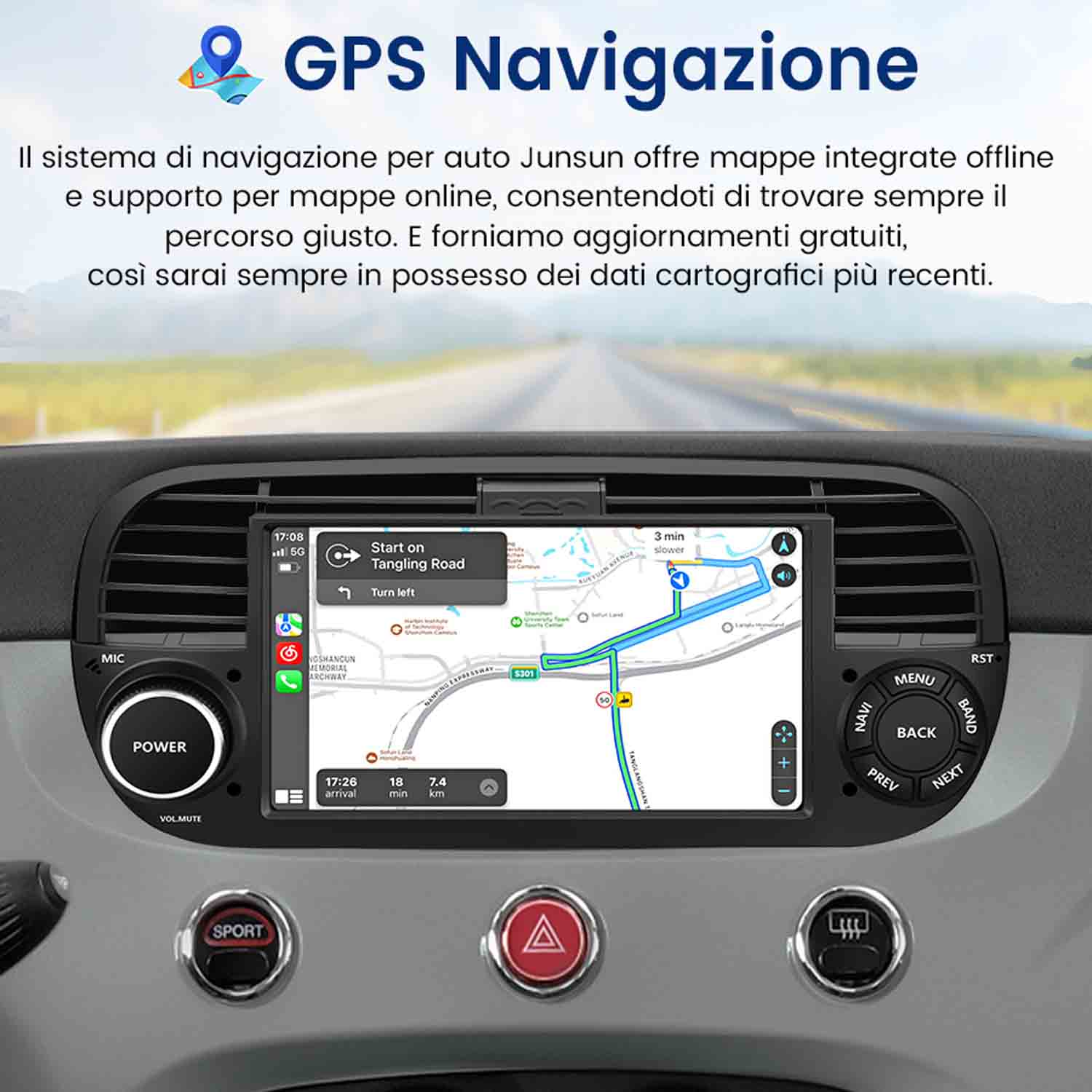 Cruscotto auto con schermo di navigazione GPS e percorso.